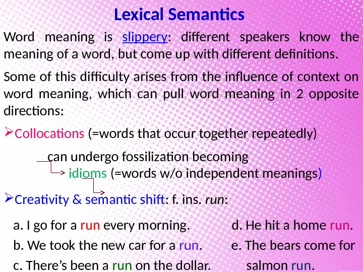Lexical Semantics Word meaning is slippery :  different speakers know the meaning of