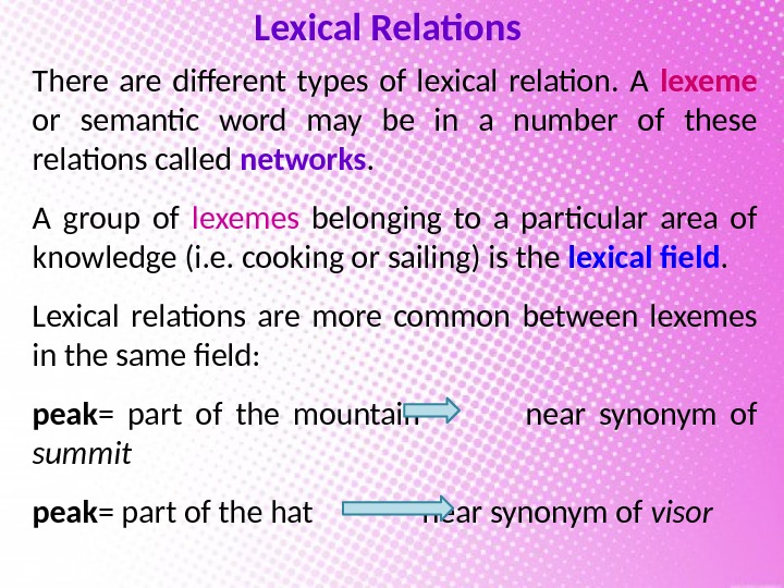 Lexical Relations There are different types of lexical relation.  A lexeme or semantic