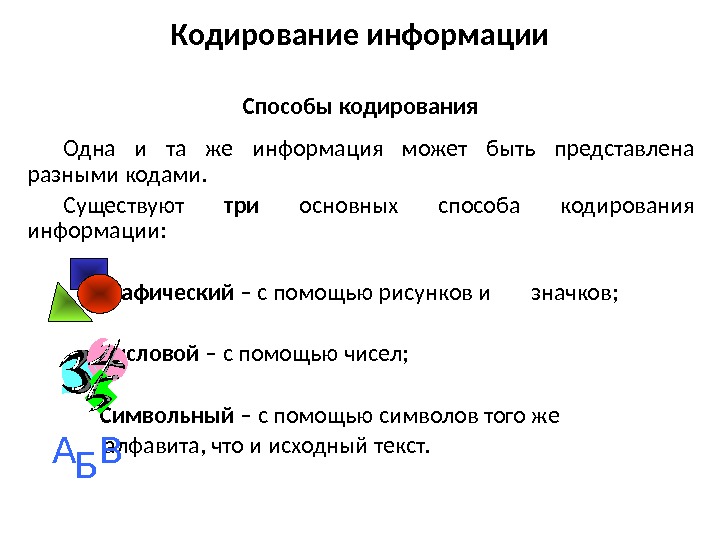 Одна и та же информация может быть представлена разными кодами. Существуют три  основных