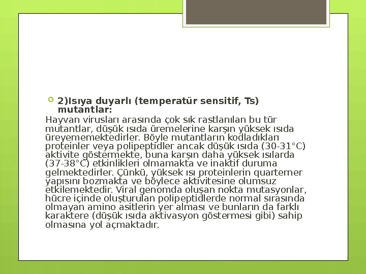  2)Isıya duyarlı (temperatür sensitif, Ts) mutantlar:  Hayvan virusları arasında çok sık rastlanılan