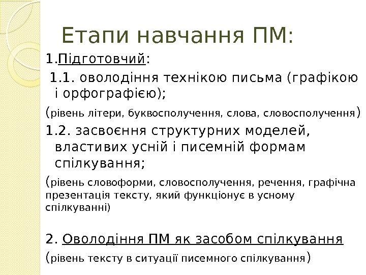 Етапи навчання ПМ: 1. Підготовчий :  1. 1. оволодіння технікою письма (графікою і