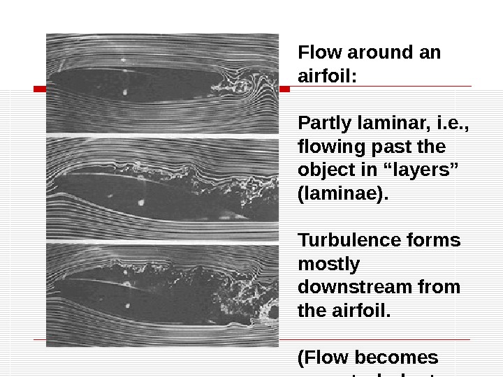Flow around an airfoil: Partly laminar, i. e. ,  flowing past the object