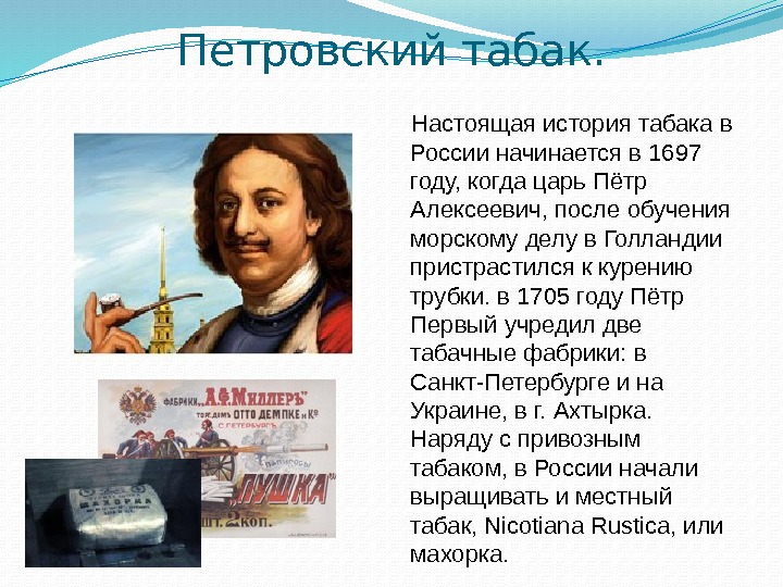 Петровский табак.  Настоящая история табака в России начинается в 1697 году, когда царь