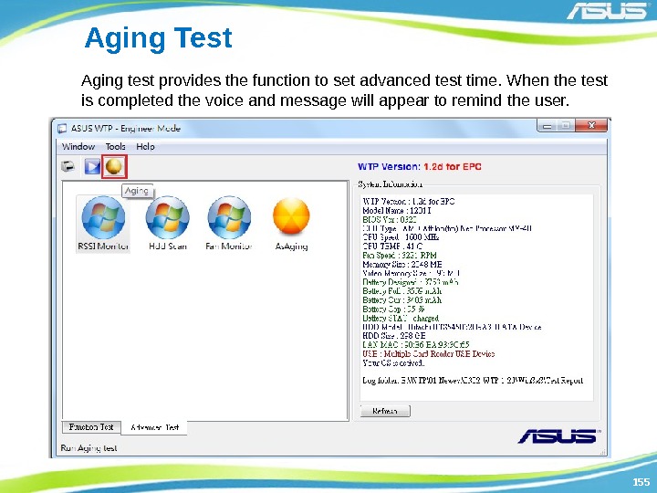 155155 Aging Test Aging test provides the function to set advanced test time. When