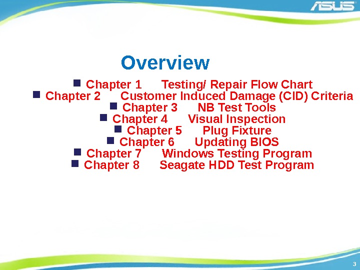 33 Overview Chapter 1 Testing/ Repair Flow Chart Chapter 2 Customer Induced Damage (CID)