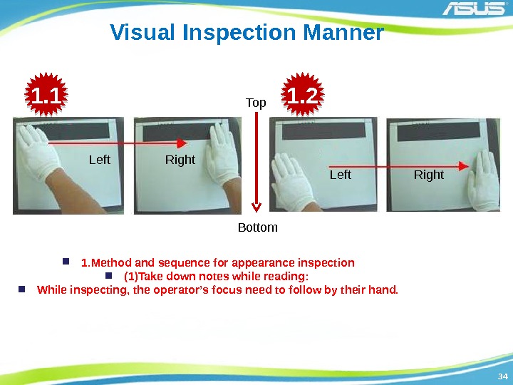 3434 Visual Inspection Manner 1. Method and sequence for appearance inspection (1)Take down notes