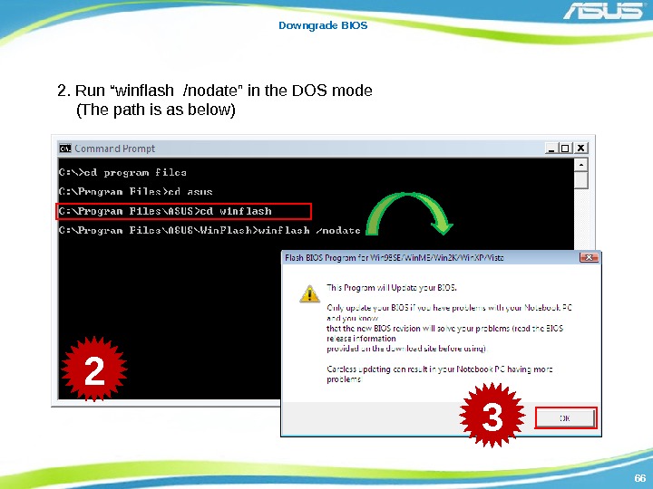 6666 Downgrade BIOS 2. Run “winflash /nodate” in the DOS mode (The path is