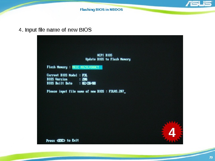 7979 Flashing BIOS in NBDOS 4. Input file name of new BIOS 4 