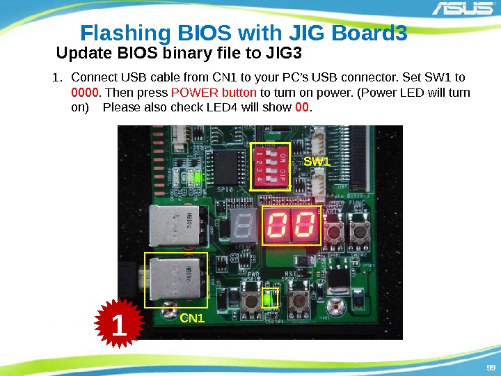 9999 Flashing BIOS with JIG Board 3 1. Connect USB cable from CN 1