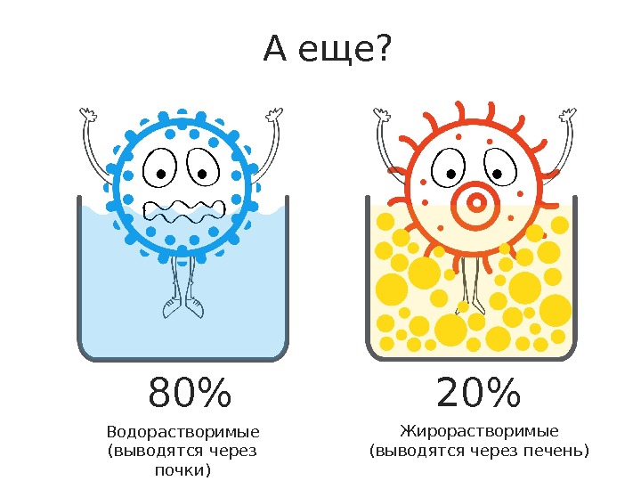 А еще? Водорастворимые (выводятся через почки)80 Жирорастворимые (выводятся через печень) 20 