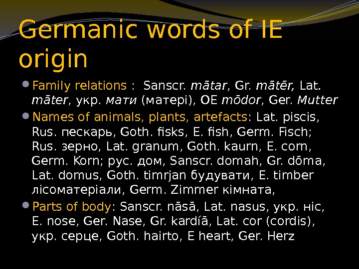 Germanic words of IE origin Family relations :  Sanscr.  mātar , Gr.