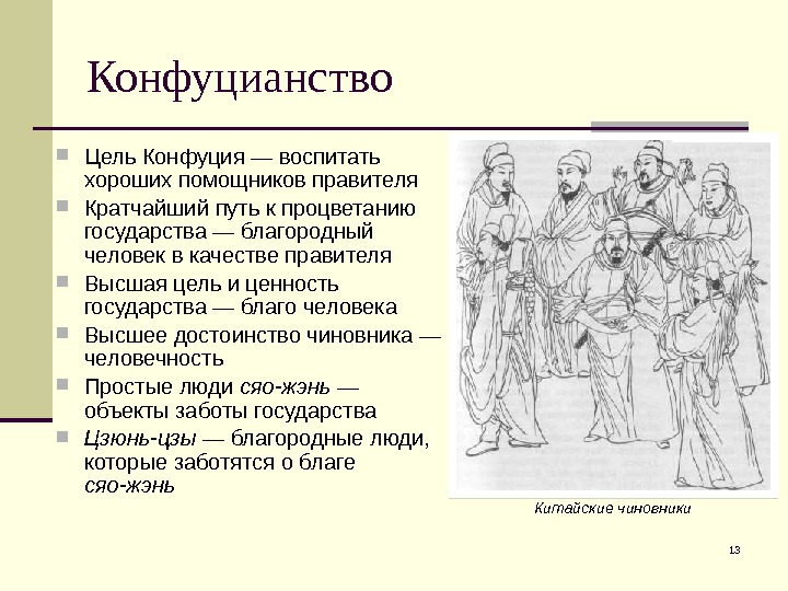 13 Конфуцианство Цель Конфуция — воспитать хороших помощников правителя Кратчайший путь к процветанию государства