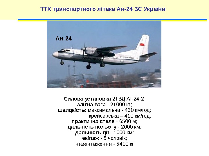 ТТХ транспортного літака Ан-24 ЗС України Силова установка 2 ТВД АІ-24 -2 злітна вага