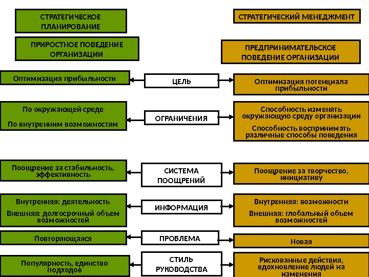 СТРАТЕГИЧЕСКОЕ ПЛАНИРОВАНИЕ СТРАТЕГИЧЕСКИЙ МЕНЕДЖМЕНТ ПРИРОСТНОЕ ПОВЕДЕНИЕ ОРГАНИЗАЦИИ ПРЕДПРИНИМАТЕЛЬСКОЕ ПОВЕДЕНИЕ ОРГАНИЗАЦИИ ЦЕЛЬ ОГРАНИЧЕНИЯ СИСТЕМА ПООЩРЕНИЙ