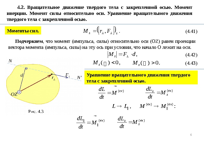 6  4. 2.  Вращательное движение твердого тела с закрепленной осью.  Момент