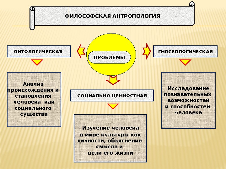 ОНТОЛОГИЧЕСКАЯ СОЦИАЛЬНО-ЦЕННОСТНАЯ ПРОБЛЕМЫ ГНОСЕОЛОГИЧЕСКАЯ Анализ происхождения и становления человека как социального существа Изучение человека