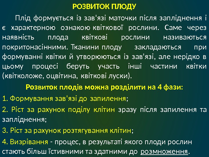 РОЗВИТОК ПЛОДУ  Плід формується із зав'язі маточки після запліднення і  є характерною