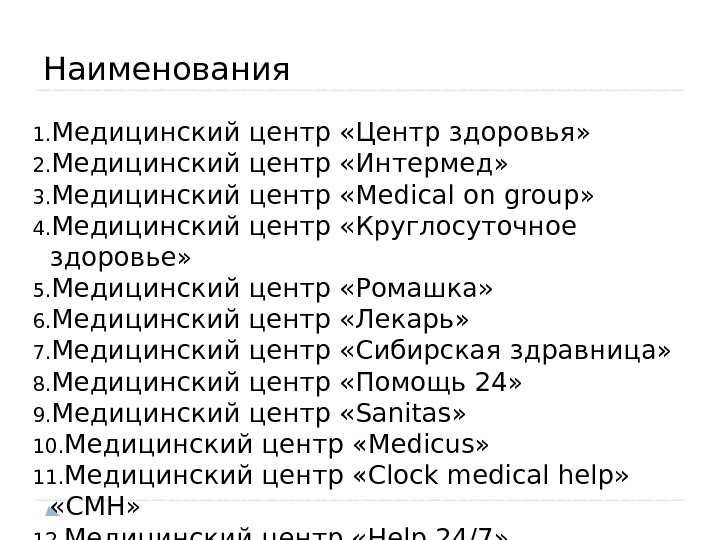 Наименования 1. Медицинский центр «Центр здоровья» 2. Медицинский центр «Интермед» 3. Медицинский центр «Medical