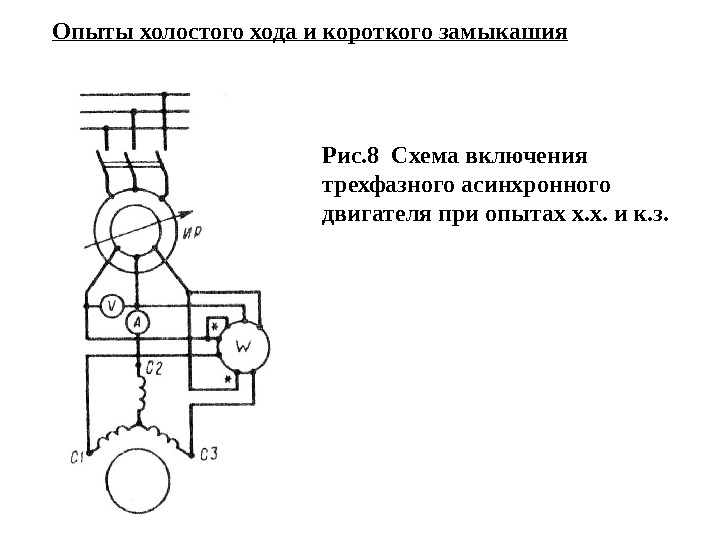 Рис. 8 Схема включения трехфазного асинхронного двигателя при опытах х. х. и к. з.