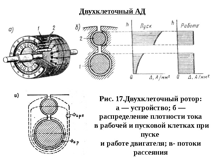 Двухклеточный АД Рис. 17. Двухклеточный ротор: а — устройство; б — распределение плотности тока