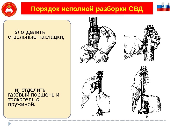 15 Порядок неполной разборки СВД з) отделить ствольные накладки; и) отделить газовый поршень и