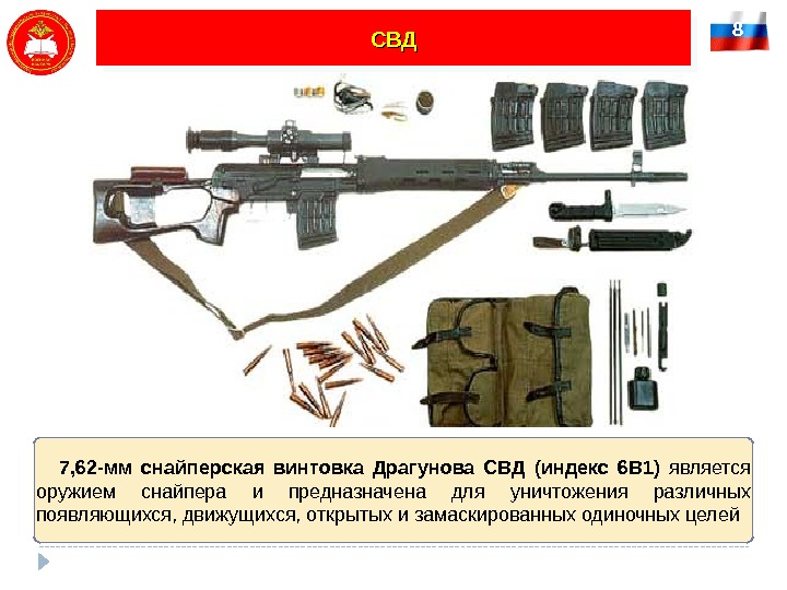 8 СВДСВД 7, 62 -мм снайперская винтовка Драгунова СВД (индекс 6 В 1) является