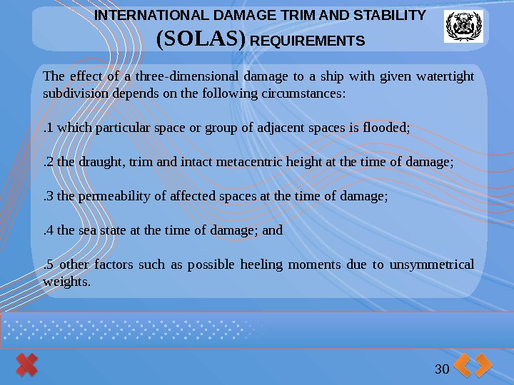 INTERNATIONAL DAMAGE TRIM AND STABILITY (SOLAS) REQUIREMENTS 30 The effect of a three-dimensional damage