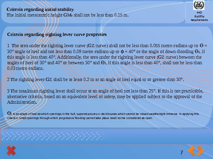 IMO Stability Requirements. Criteria regarding initial stability The initial metacentric height GM 0 shall