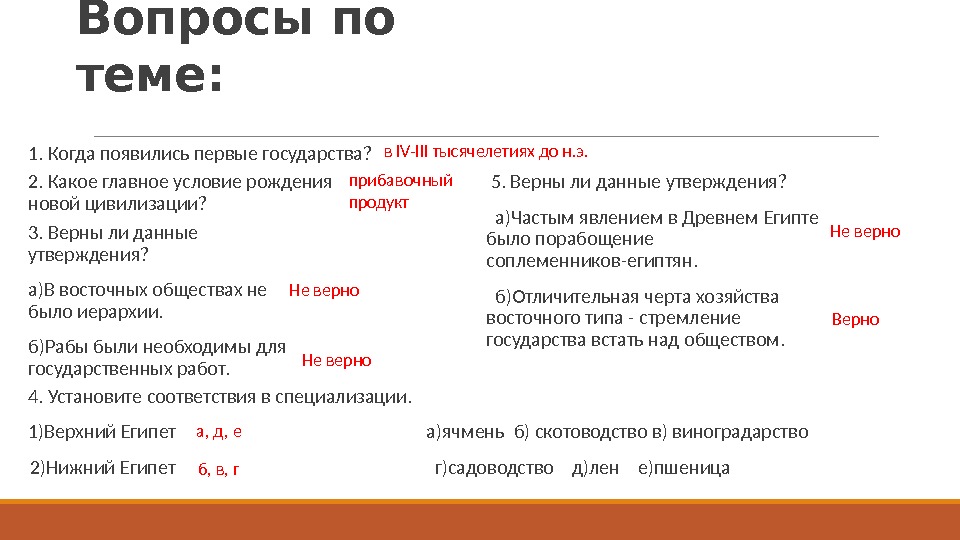 Вопросы по теме:  1. Когда появились первые государства?  2. Какое главное условие