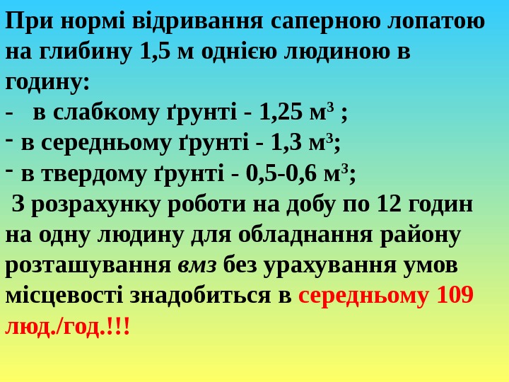 При нормі відривання саперною лопатою на глибину 1, 5 м однією людиною в годину: