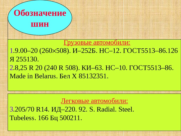 Обозначение  шин  Грузовые автомобили: 1. 9. 00– 20 (260 508). И– 252