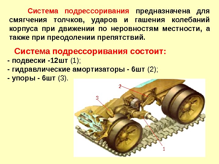  Система подрессоривания предназначена для смягчения толчков,  ударов и гашения колебаний корпуса при