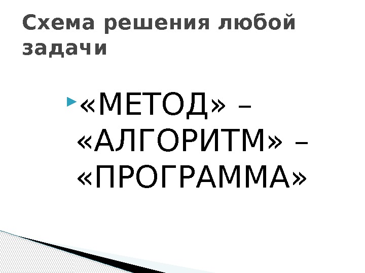  «МЕТОД» –  «АЛГОРИТМ» –  «ПРОГРАММА» Схема решения любой задачи  