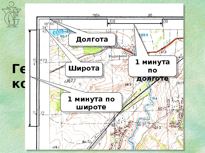 Определение координат Географические координаты Широта Долгота 1 минута по долготе 1 минута по широте