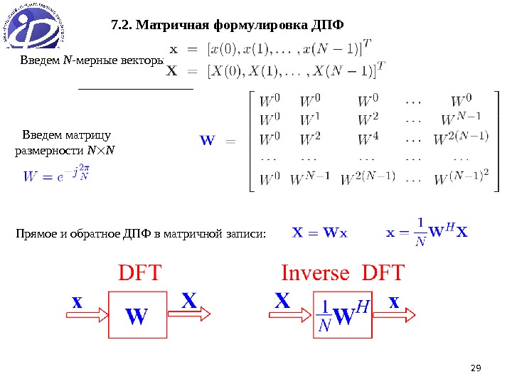 297. 2. Матричная формулировка ДПФ Введем N - мерные векторы Введем матрицу размерности N