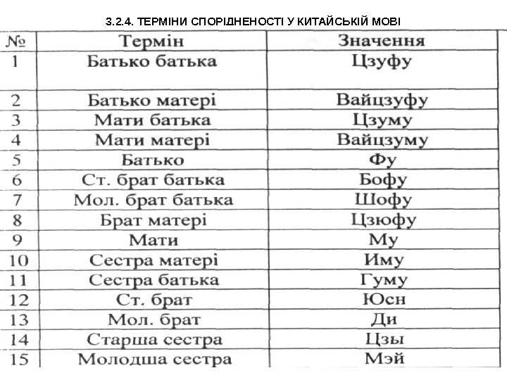 3. 2. 4. ТЕРМ ІНИ СПОРІДНЕНОСТІ У КИТАЙСЬКІЙ МОВІ 