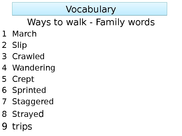  Vocabulary Ways to walk - Family words 1 March 2 Slip 3 Crawled