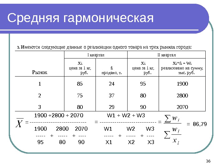 Средняя гармоническая 3.  Имеются следующие данные о реализации одного товара на трех рынках