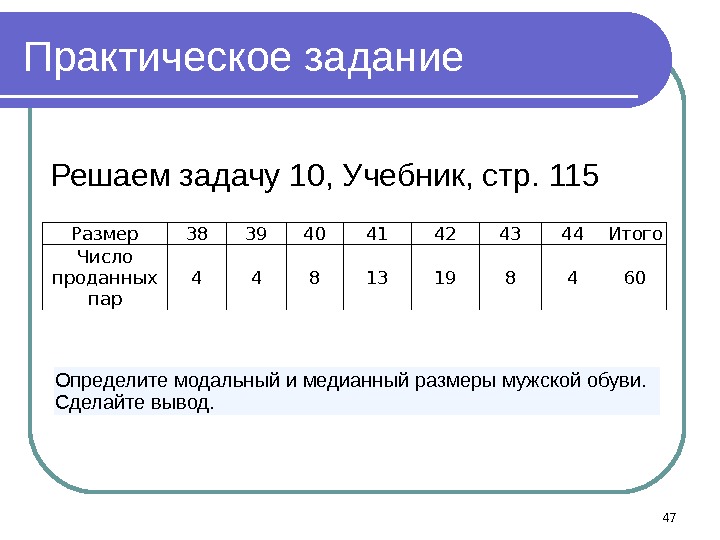 Практическое задание Размер 38 39 40 41 42 43 44 Итого Число проданных пар