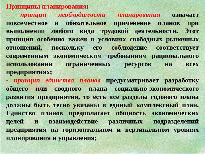 Принципы планирования : - принцип необходимости планирования  означает повсеместное и обязательное применение планов