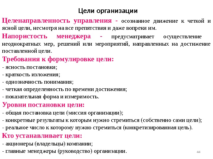 Цели организации Целенаправленность управления - осознанное движение к четкой и ясной цели, несмотря на