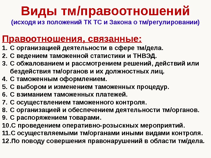 Виды тм/правоотношений ( исходя из положений ТК ТС и Закона о тм/регулировании) Правоотношения, связанные: