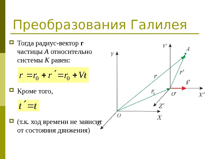 Преобразования Галилея Тогда радиус-вектор r  частицы A относительно системы K равен:  Кроме