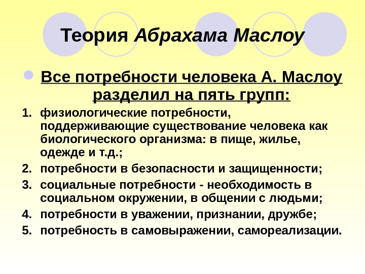 Теория Абрахама Маслоу Все потребности человека А. Маслоу разделил на пять групп: 1. физиологические