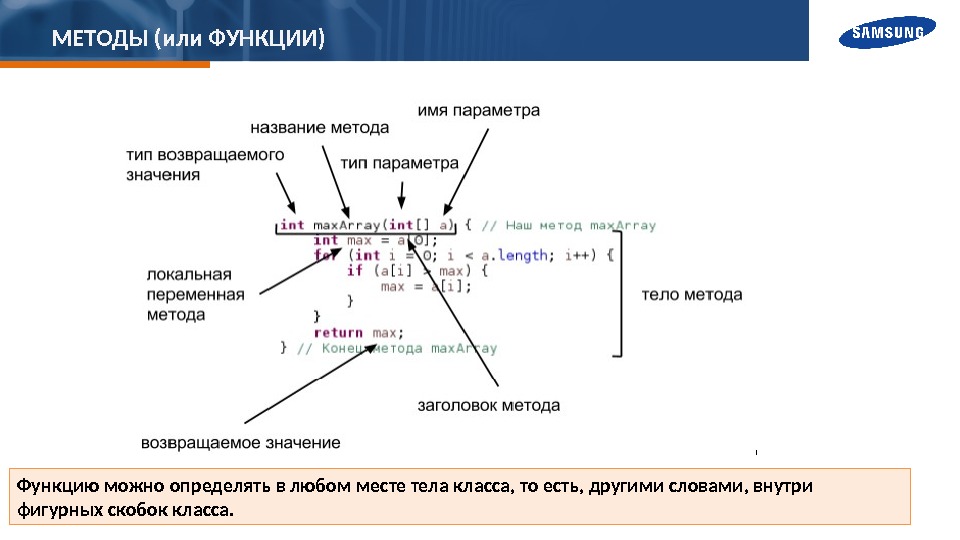 МЕТОДЫ (или ФУНКЦИИ) 7 Функцию можно определять в любом месте тела класса, то есть,