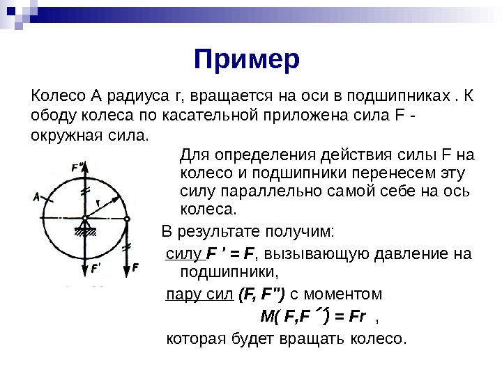   Пример  Для определения действия силы F на колесо и подшипники перенесем