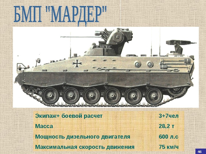 47 46 Экипаж+ боевой расчет 3+7 чел Масса 28, 2 т Мощность дизельного двигателя