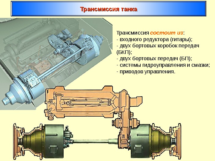 Трансмиссия танка Трансмиссия состоит из : - входного редуктора (гитары); - двух бортовых коробок