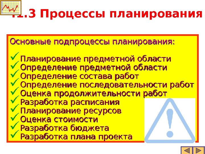  . 1. 3 Процессы планирования Основные подпроцессы планирования:  Планирование предметной области Определение