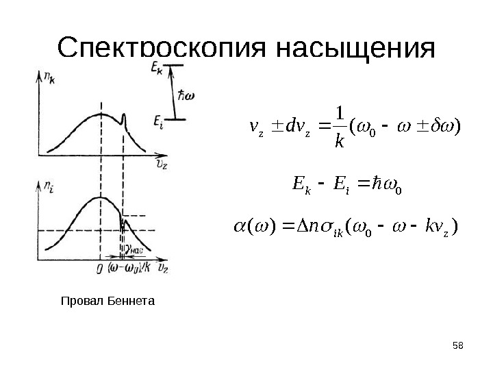 58 Спектроскопия насыщения Провал Беннета )(1 0 kdvv zz 0 ik. EE )()(0 zikkvn